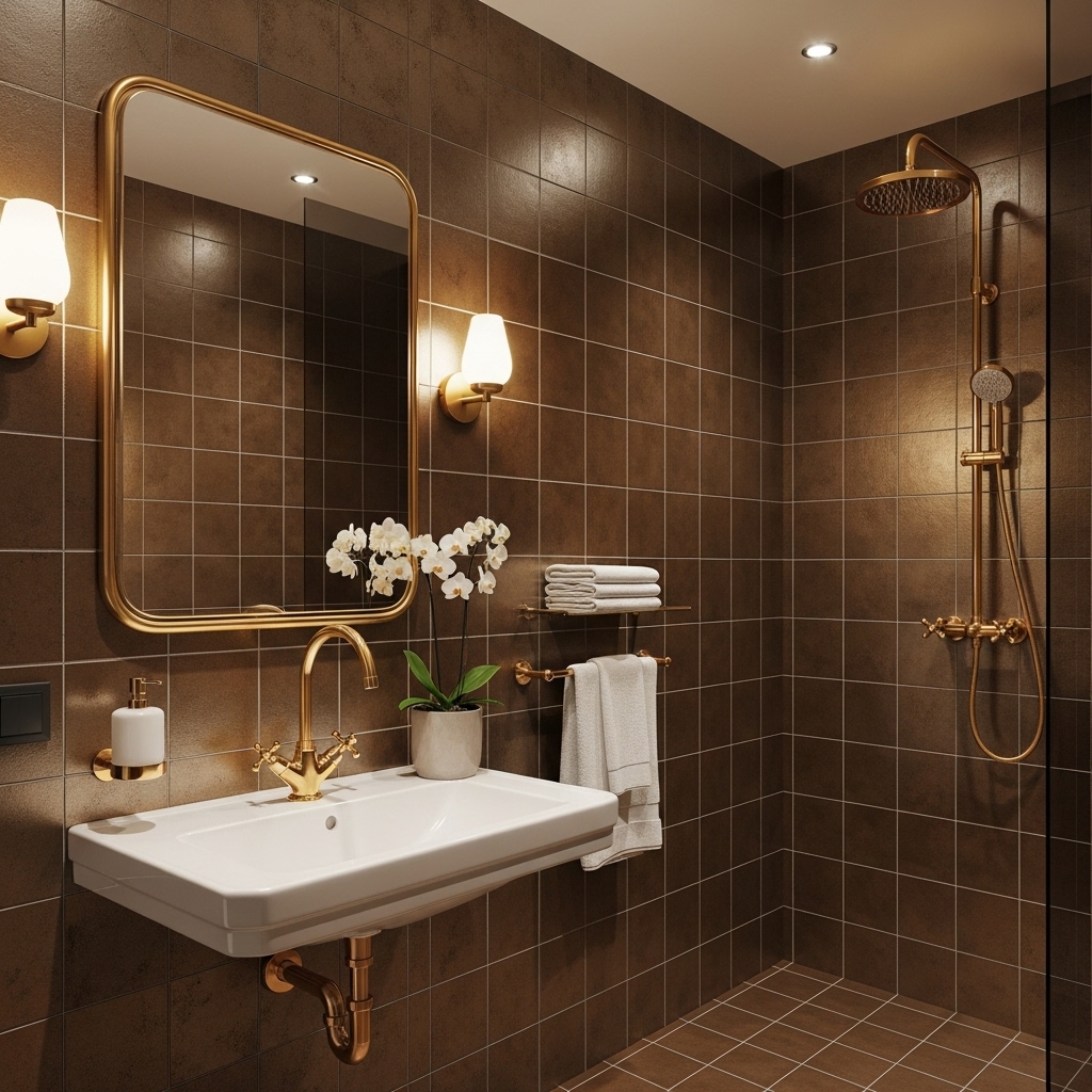 Brown Tile Bathroom with Gold Fixtures
